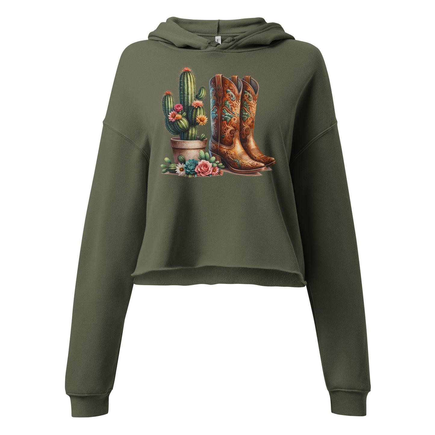 Detail of desert-themed cactus and boots design on green hoodie
