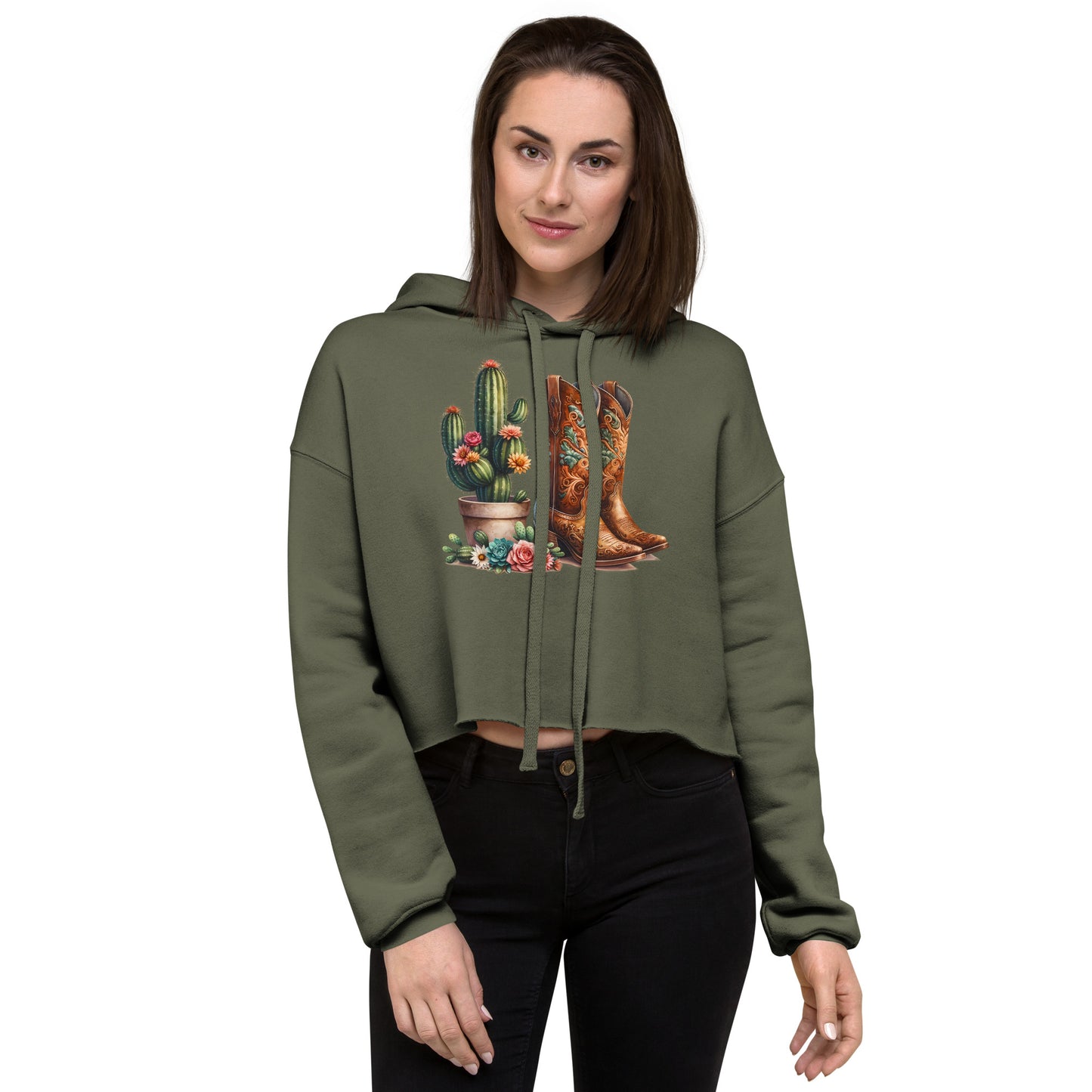 Military green crop hoodie with western boots and cactus artwork – front