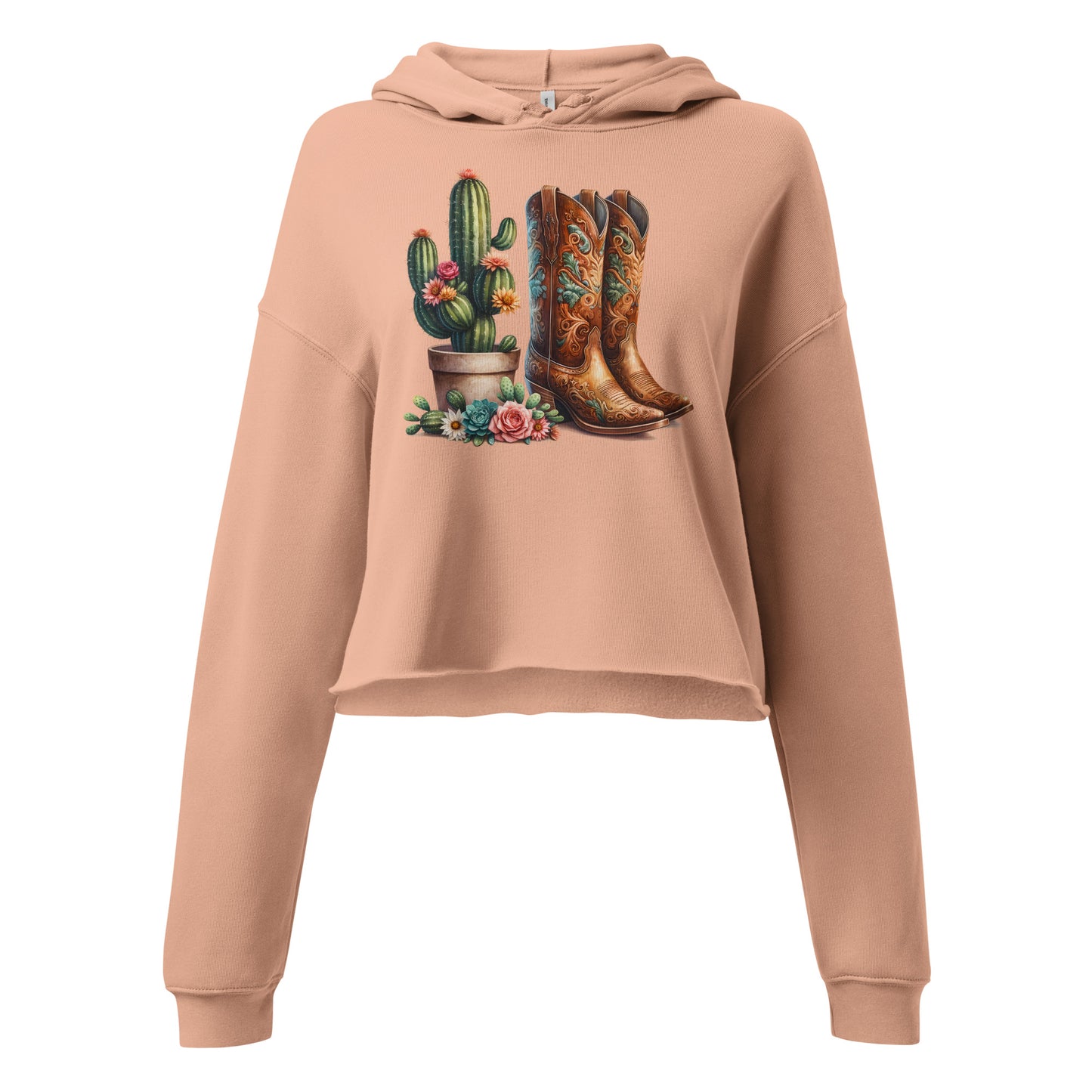Detail shot of peach hoodie print – floral boots and desert cactus