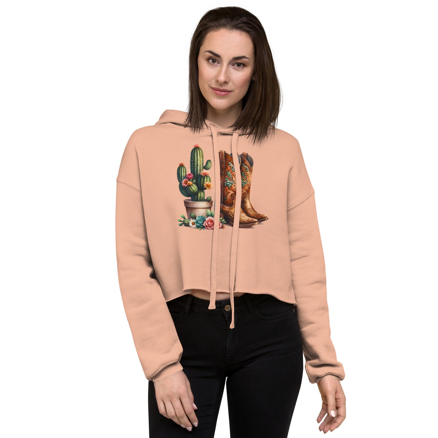 Peach crop hoodie with cactus and western boot print – front view