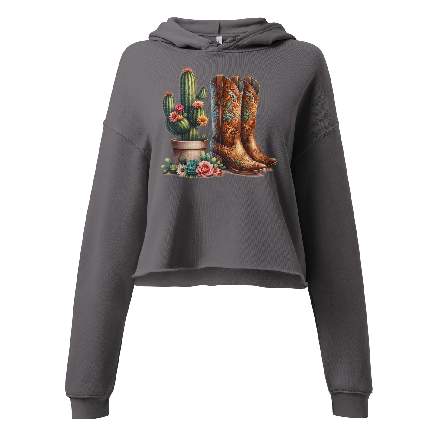 Close-up of storm gray hoodie print – cactus and cowboy boots artwork