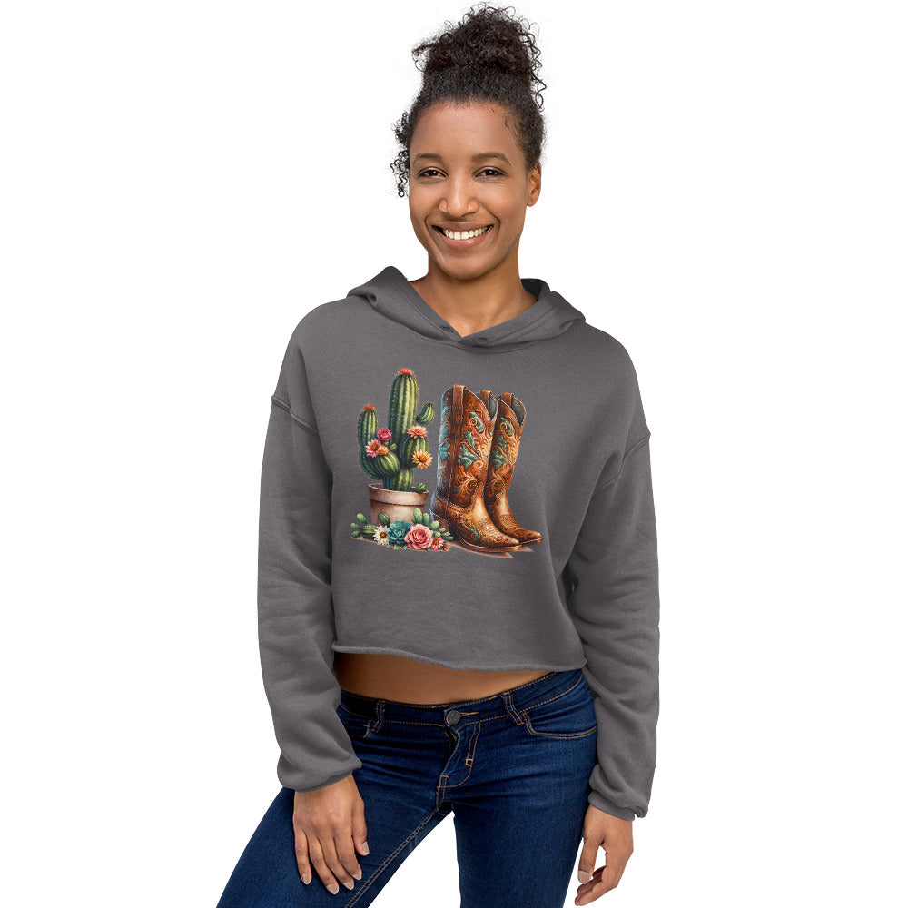 Storm gray crop hoodie with floral cactus and boot design – front view