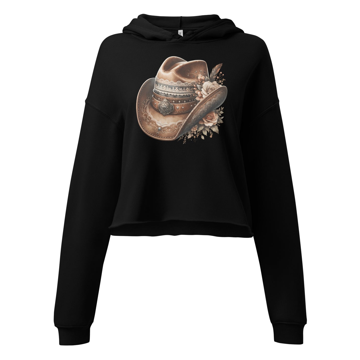 Close-up of cowgirl hat print on black hoodie with boho floral accents