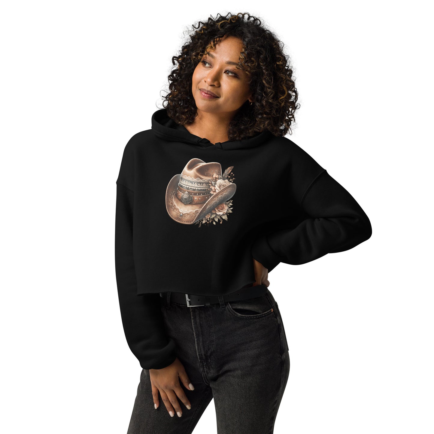 Model wearing black western crop hoodie with floral hat design