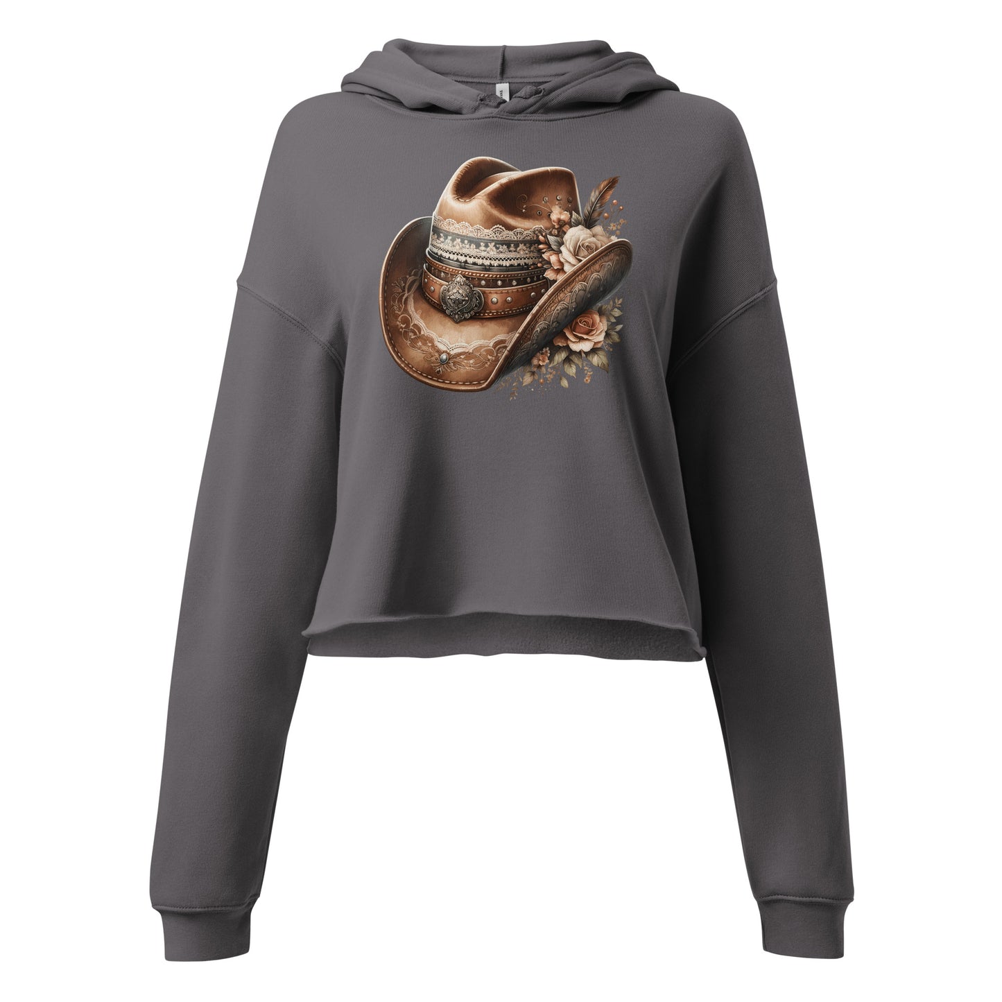 Graphic close-up of floral cowgirl hat on storm gray cropped sweatshirt