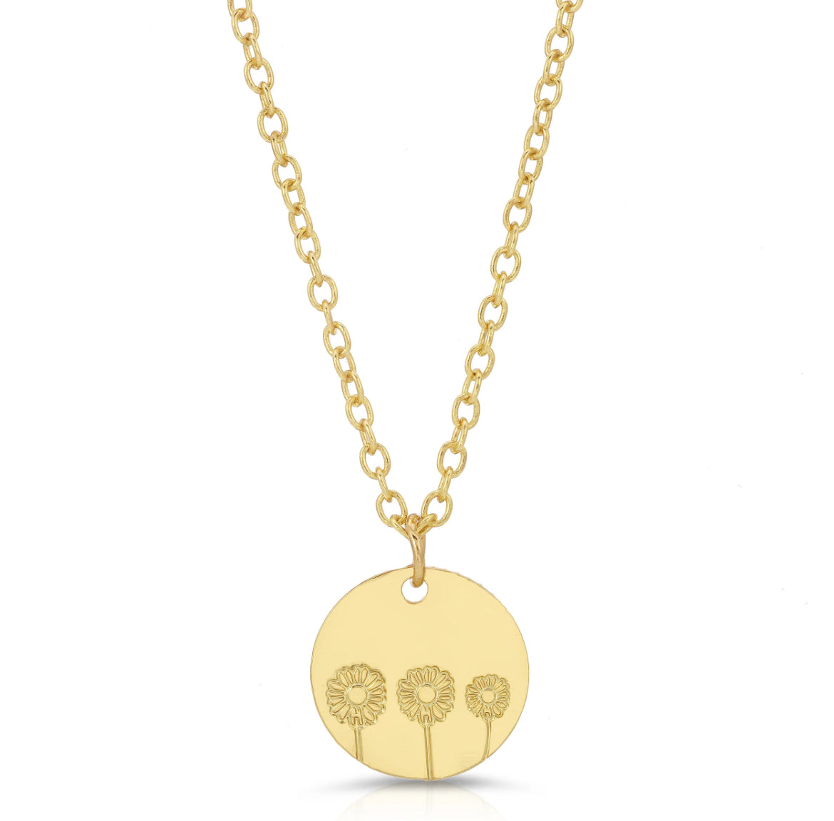 Close-up of dainty gold daisy pendant on adjustable chain
