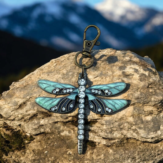 Dragonfly purse charm with gold and mint enamel wings and rhinestones