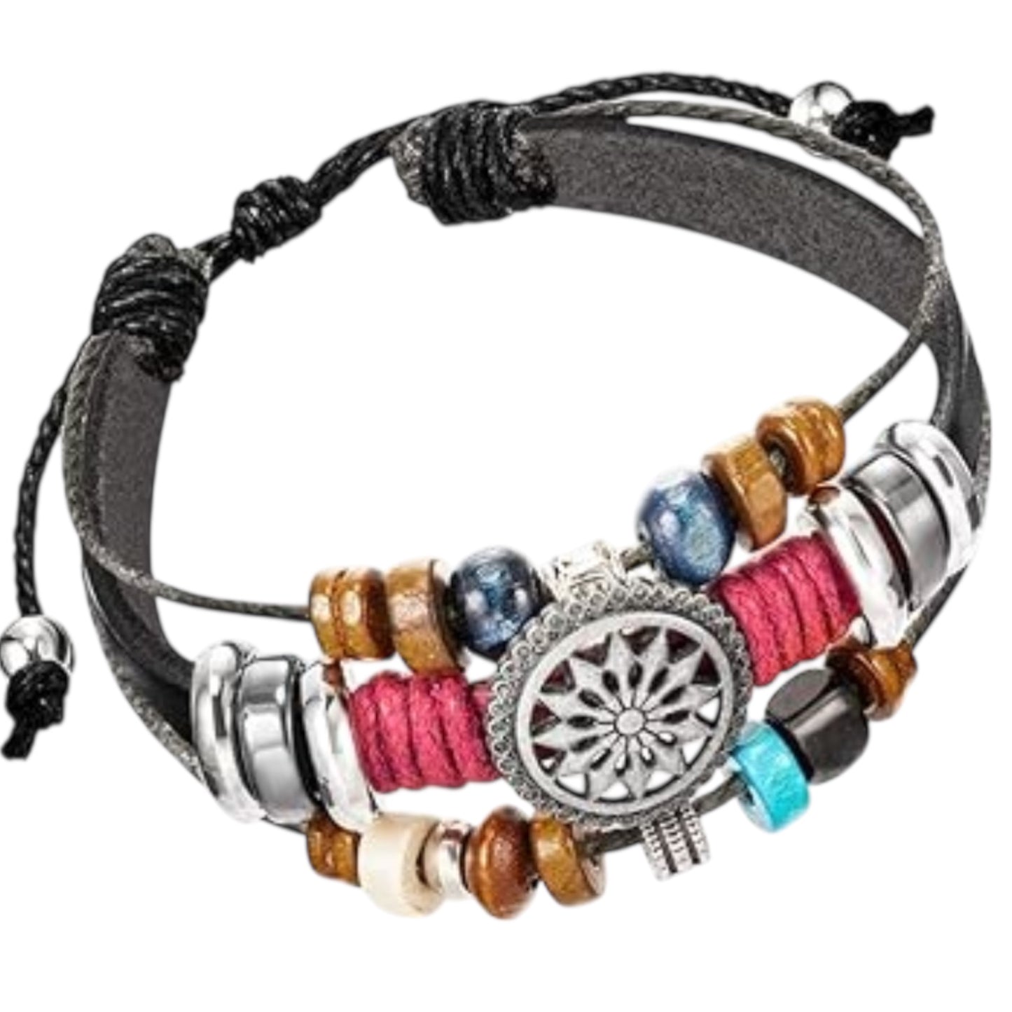 Black boho wrap bracelet displayed in gift-ready setup with natural props