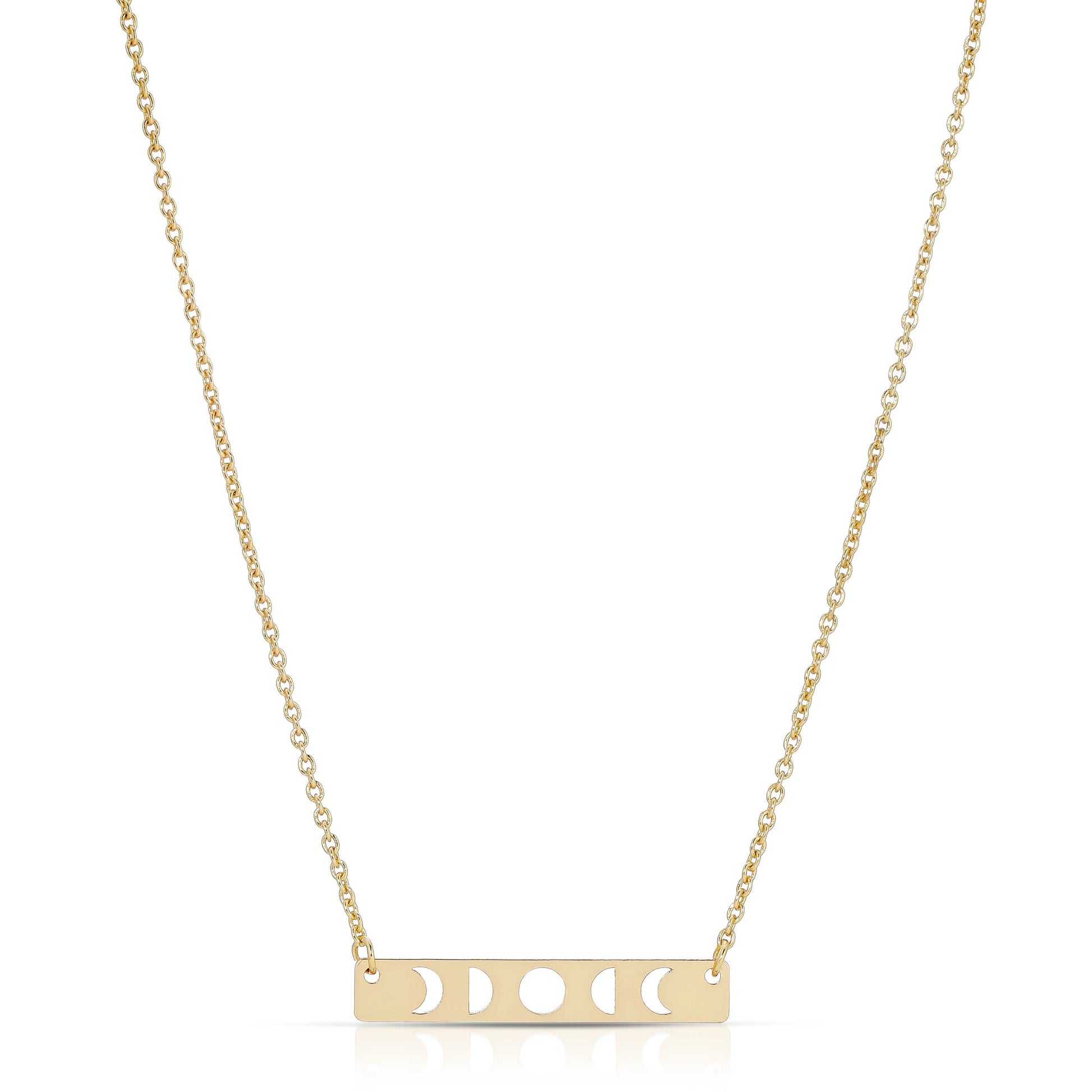 Gold moon phase necklace with celestial bar pendant and cutout moon design