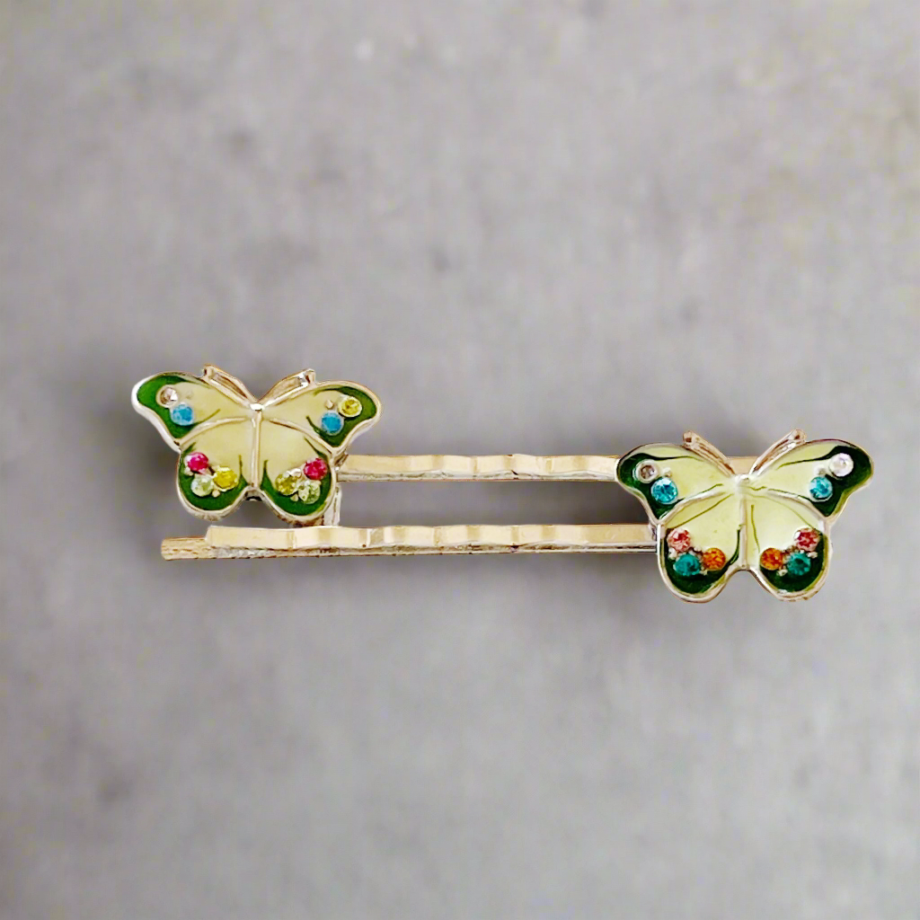 Handmade green enamel butterfly hair pins with rhinestone accents
