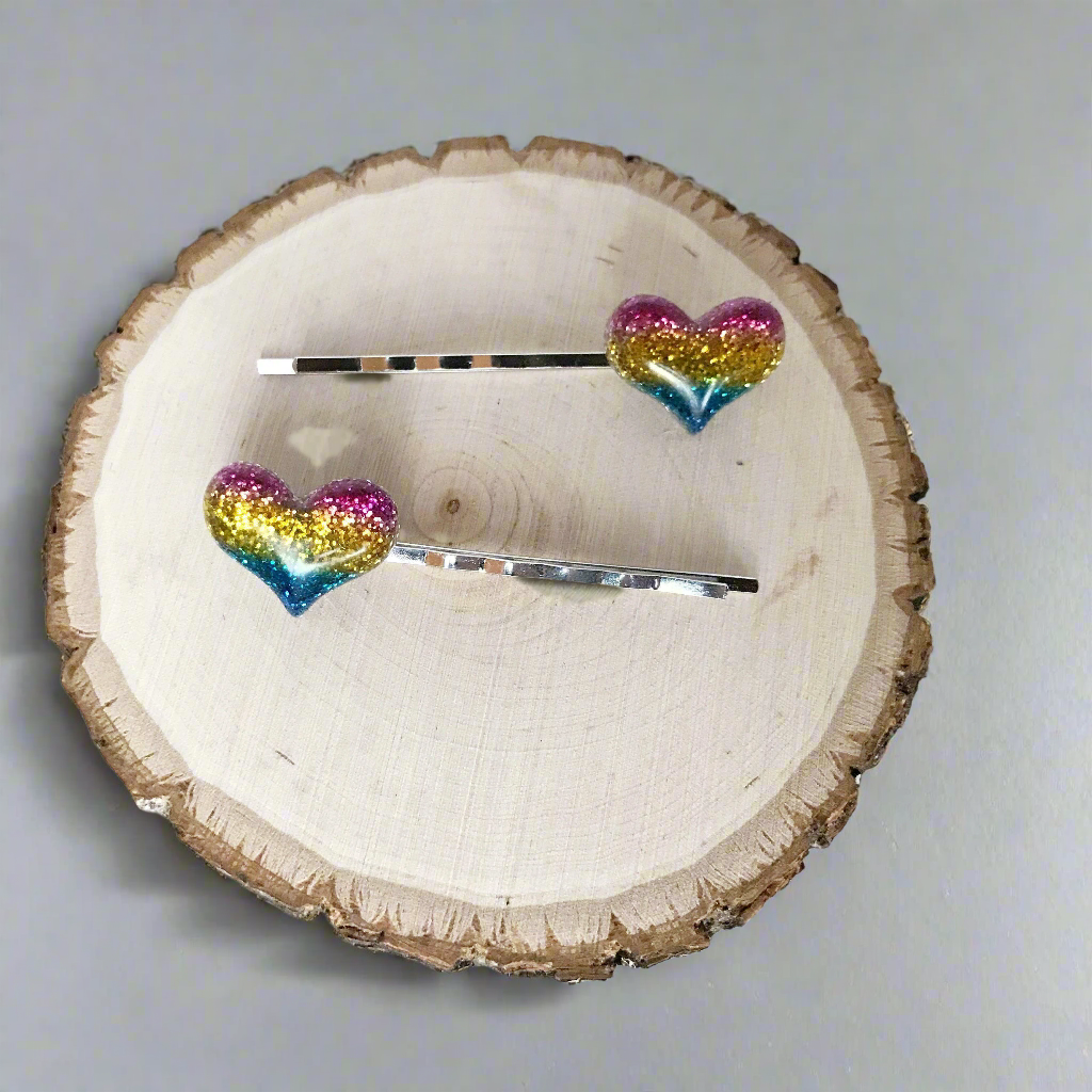 Rainbow Glitter Heart Hair Pins - Sparkling & Colorful Accessories