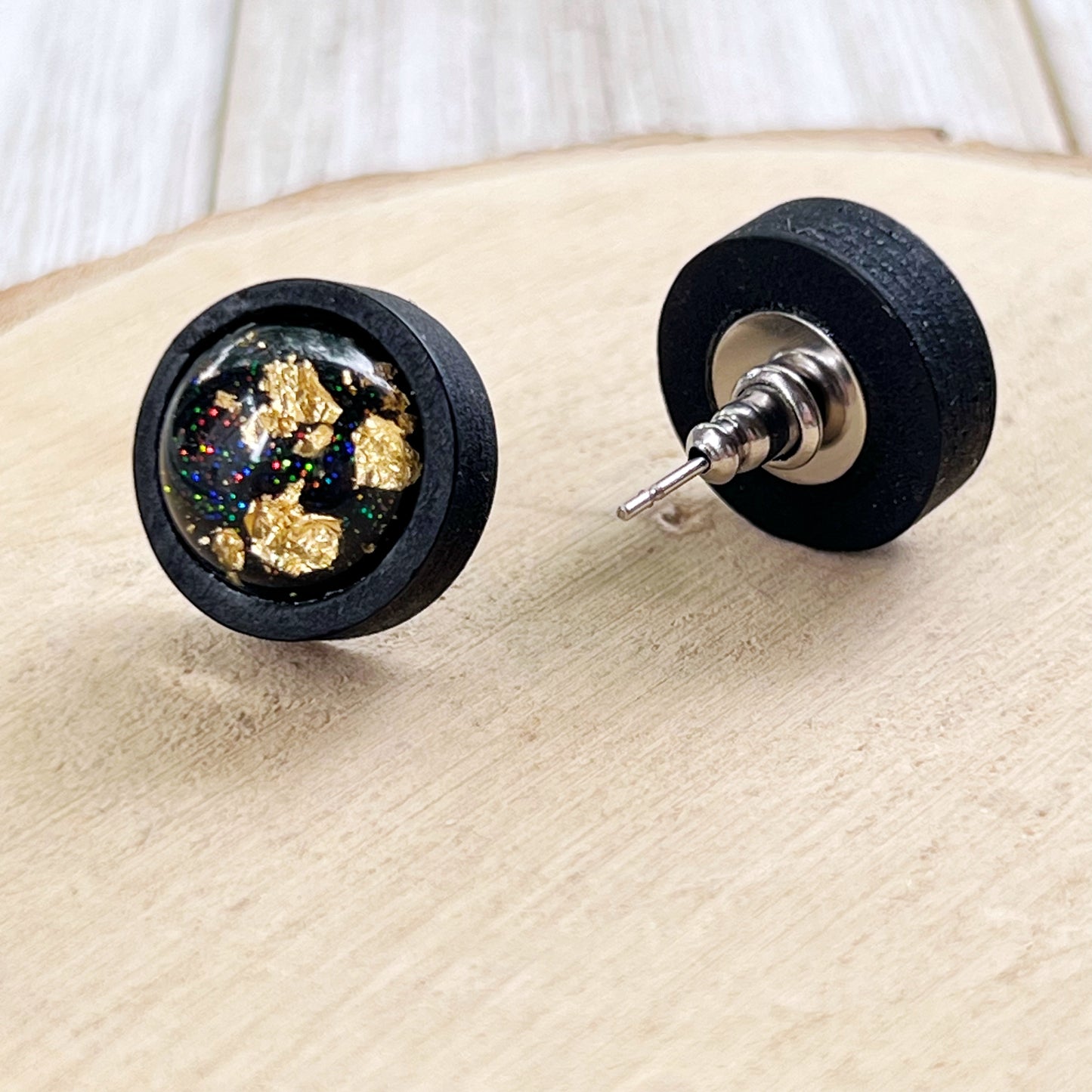 Gold Flake Black Wood Earring Studs - Versatile Unisex Accessories