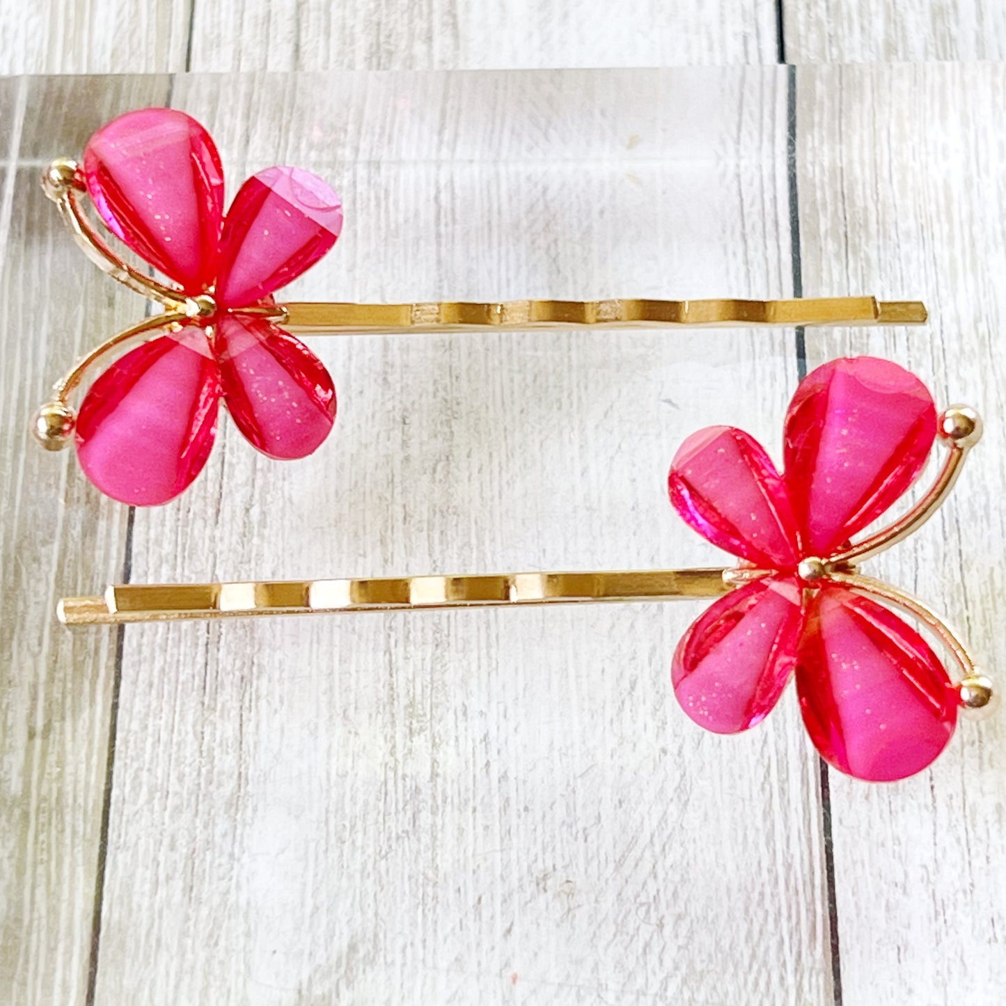 Hot Pink Butterfly Hair Pins – Glitter Resin Hair Clips with Gold Base