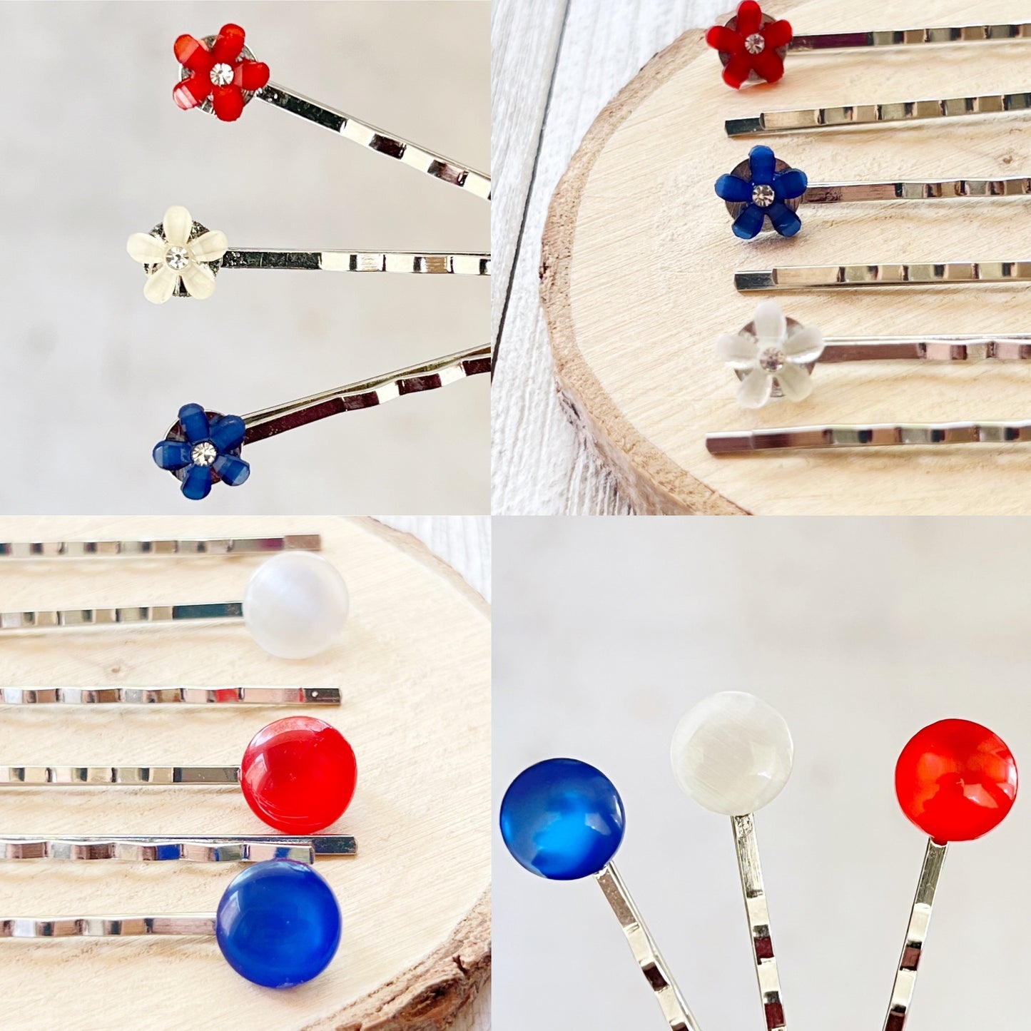 Red White & Blue Flower Hair Pins, Womens Fourth of July Hair Clips, Patriotic 4th of July Hair Accessories