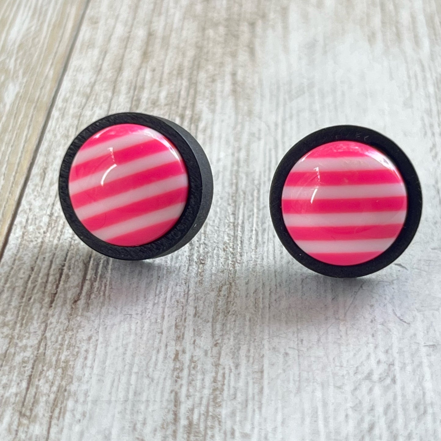 Striped Pink Resin Stud Earrings – Bold Handmade Wood Statement Jewelry