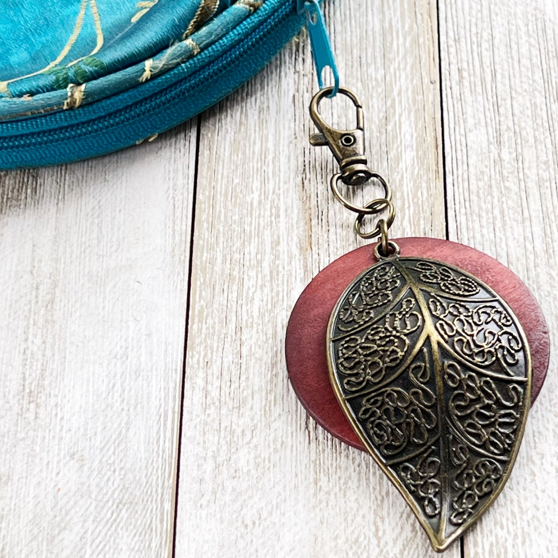 Antiqued Brass Leaf Zipper Pull Keychain & Handbag Charm with Red Wood Accent