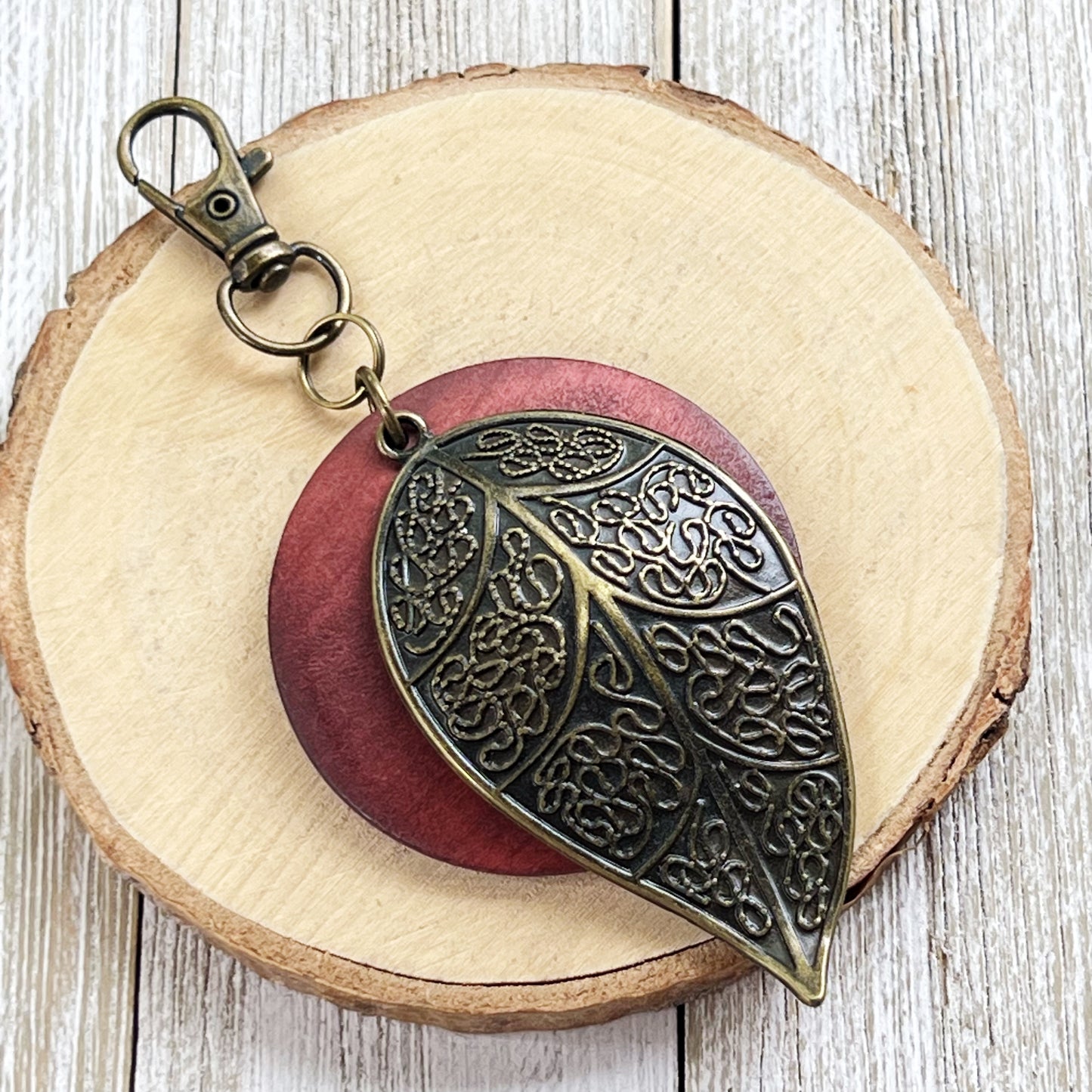 Antiqued Brass Leaf Zipper Pull Keychain & Handbag Charm with Red Wood Accent