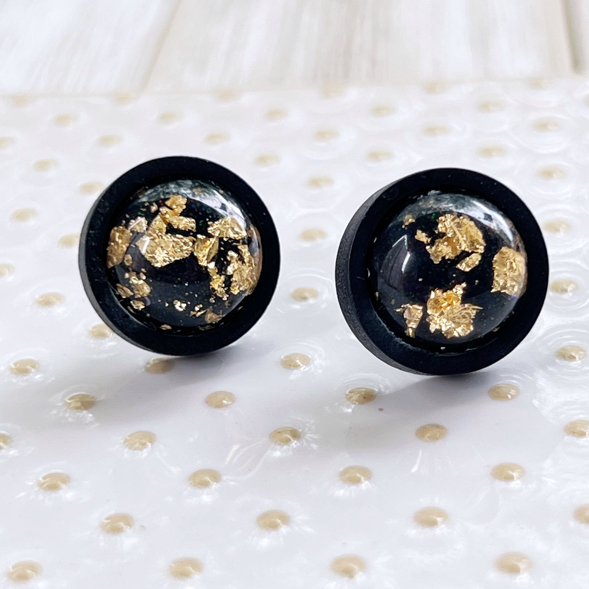 Gold Flake Black Wood Earring Studs - Versatile Unisex Accessories