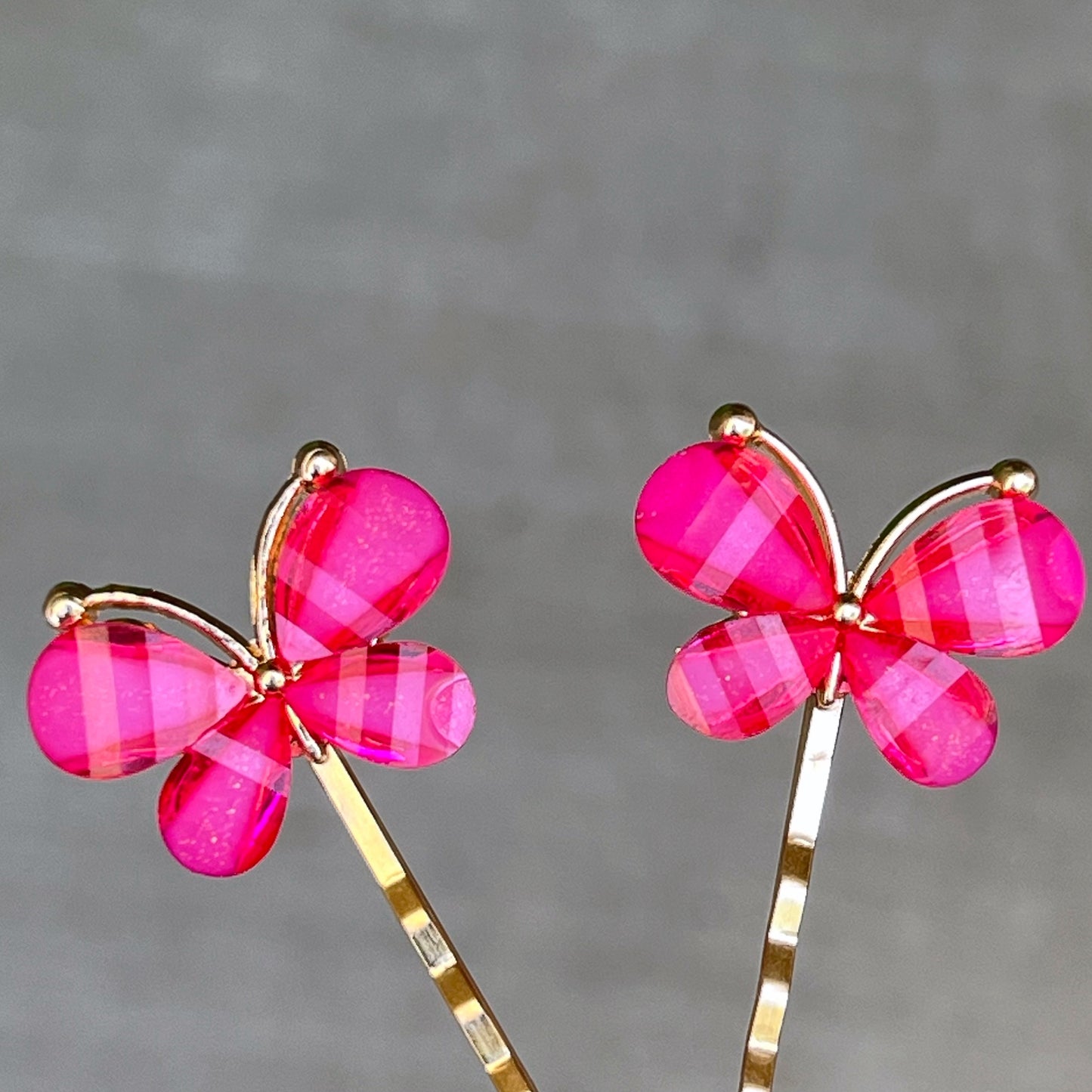 Hot Pink Butterfly Hair Pins – Glitter Resin Hair Clips with Gold Base