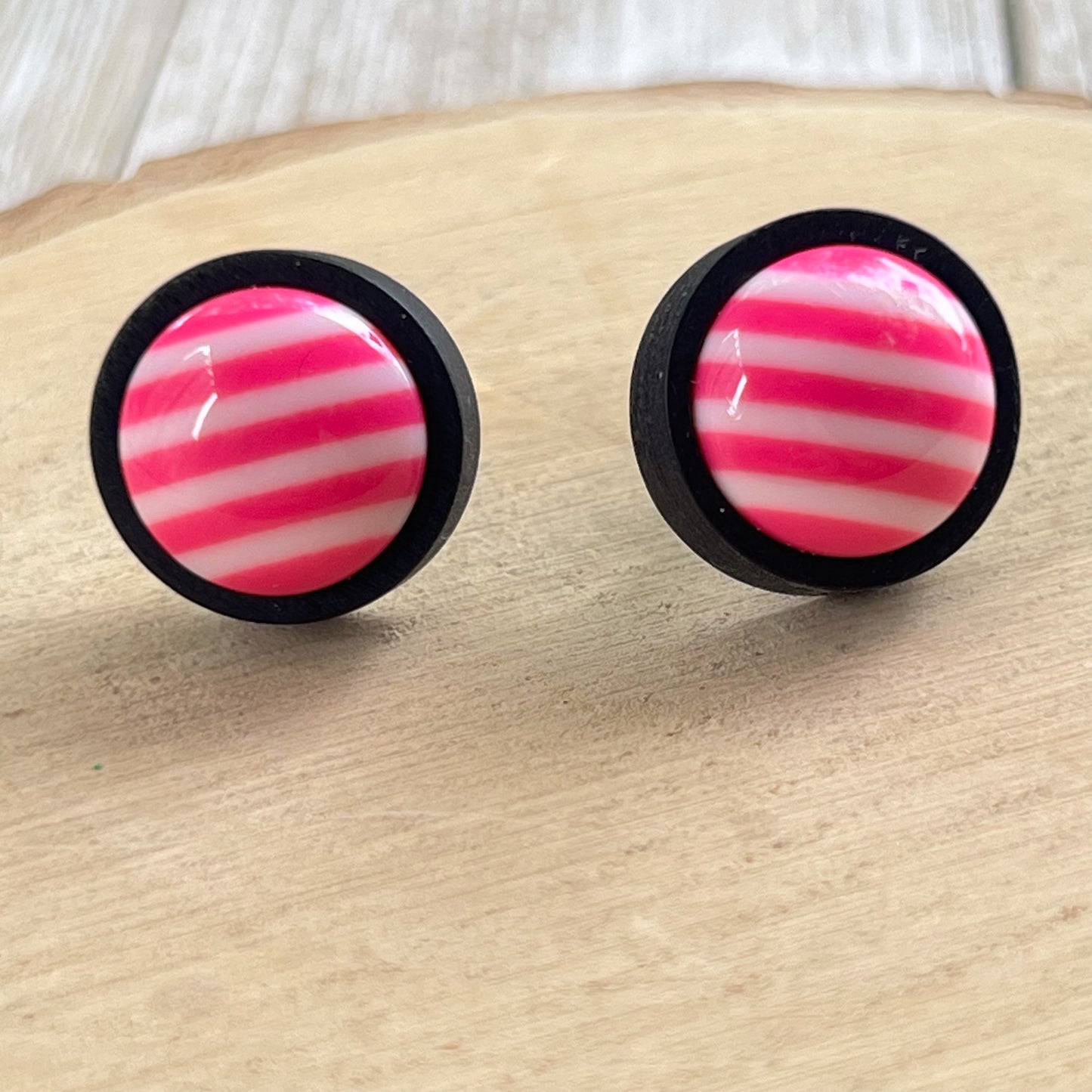 Striped Pink Resin Stud Earrings – Bold Handmade Wood Statement Jewelry