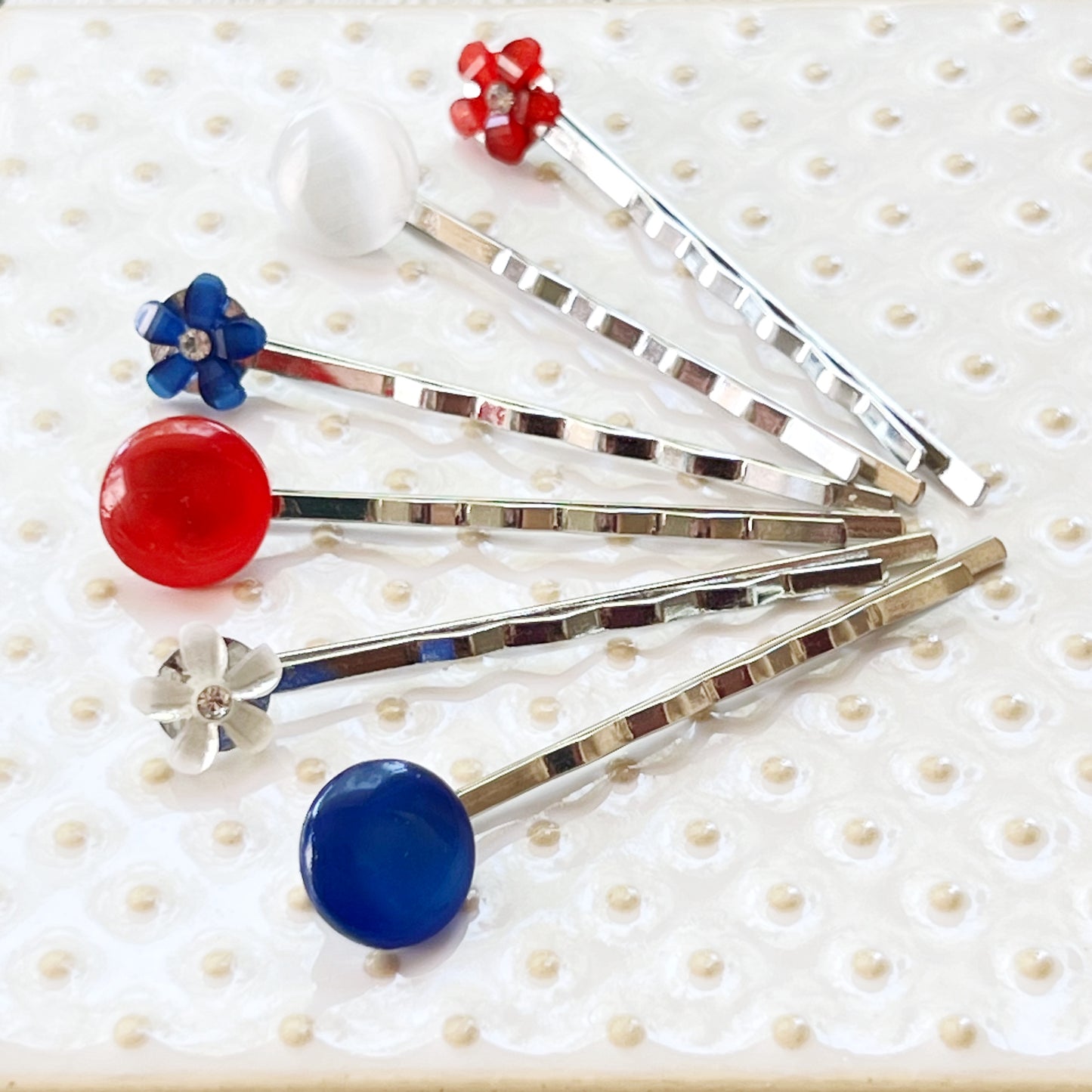 Red White & Blue Flower Hair Pins, Womens Fourth of July Hair Clips, Patriotic 4th of July Hair Accessories