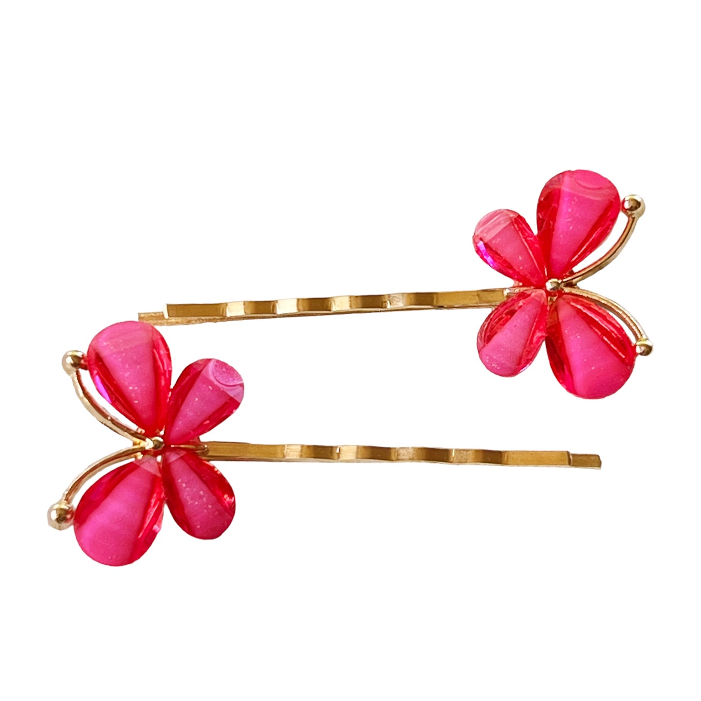 Hot Pink Butterfly Hair Pins – Glitter Resin Hair Clips with Gold Base