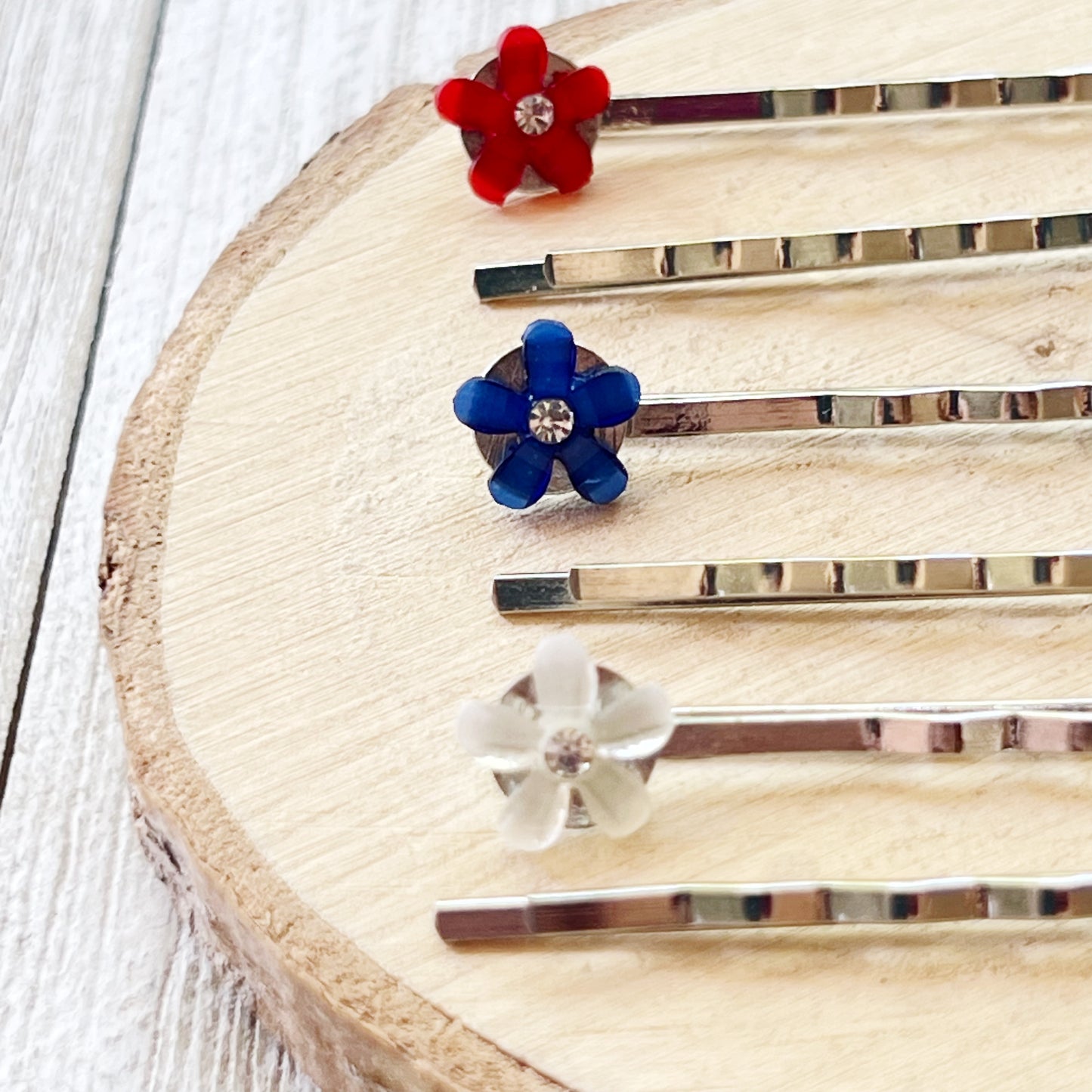 Red White & Blue Flower Hair Pins, Womens Fourth of July Hair Clips, Patriotic 4th of July Hair Accessories