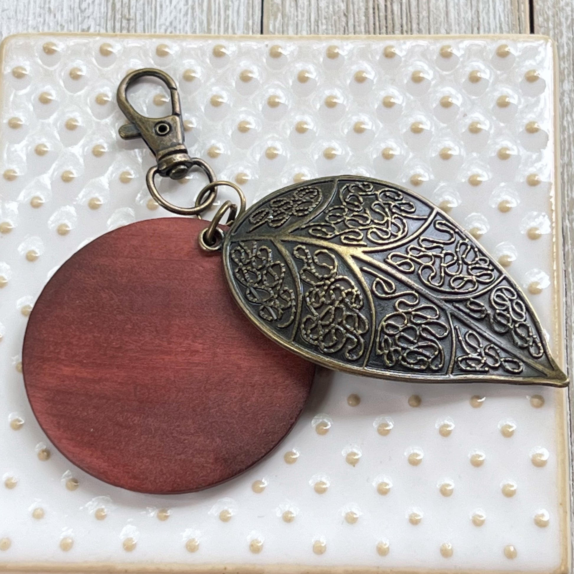 Antiqued Brass Leaf Zipper Pull Keychain & Handbag Charm with Red Wood Accent