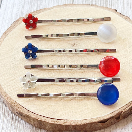 Red White & Blue Flower Hair Pins, Womens Fourth of July Hair Clips, Patriotic 4th of July Hair Accessories