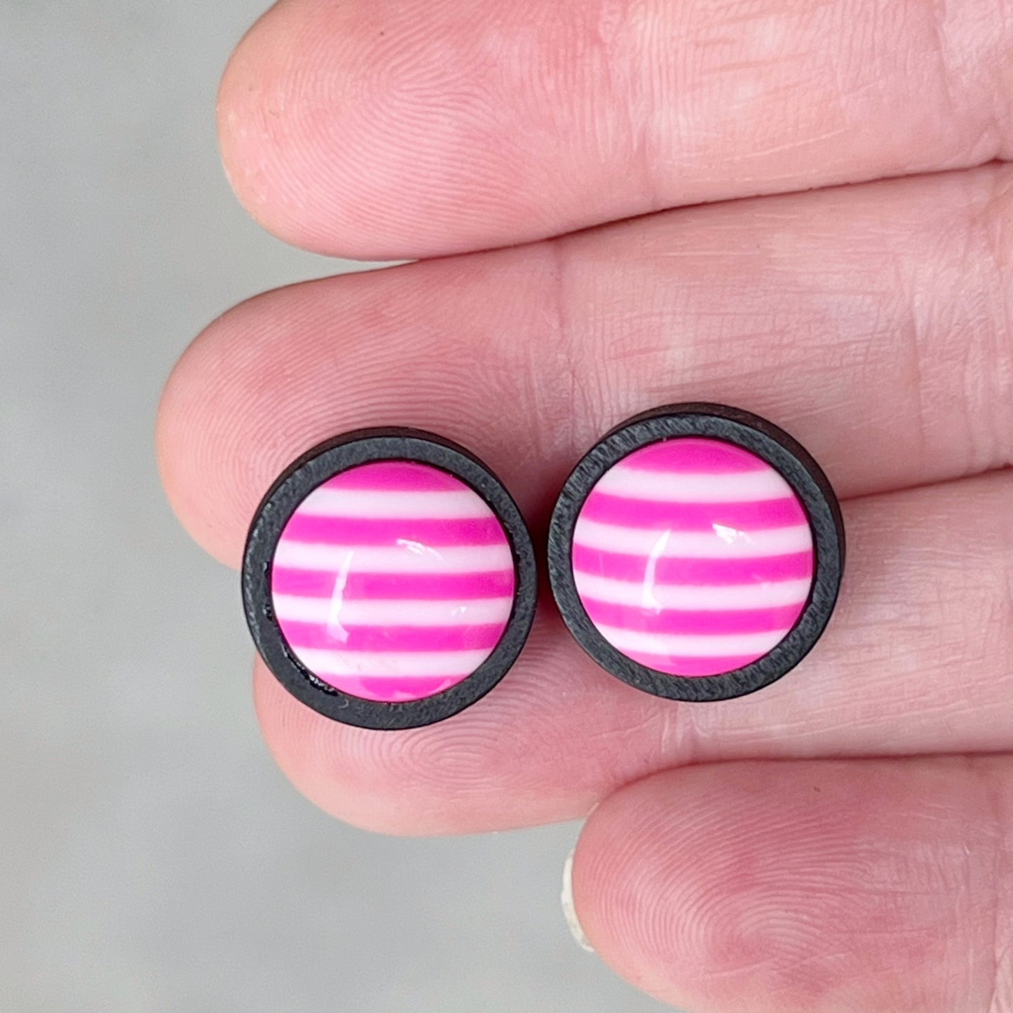 Striped Pink Resin Stud Earrings – Bold Handmade Wood Statement Jewelry