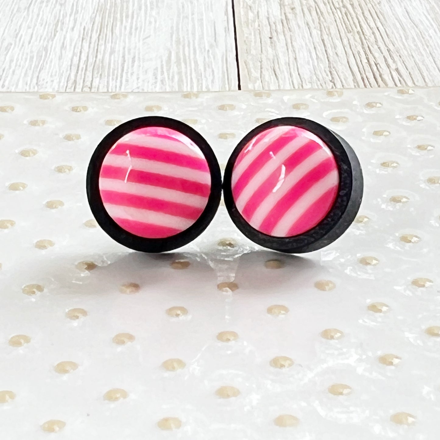 Striped Pink Resin Stud Earrings – Bold Handmade Wood Statement Jewelry