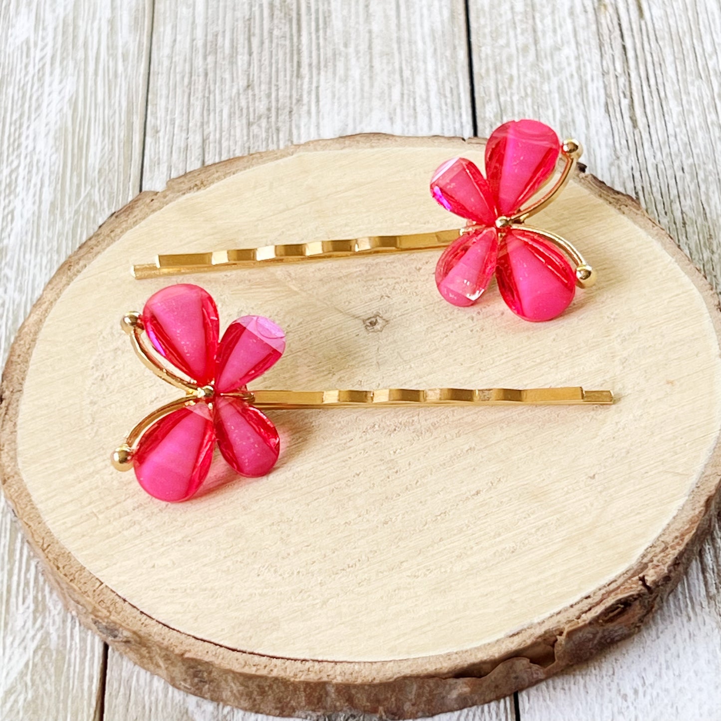 Hot Pink Butterfly Hair Pins – Glitter Resin Hair Clips with Gold Base