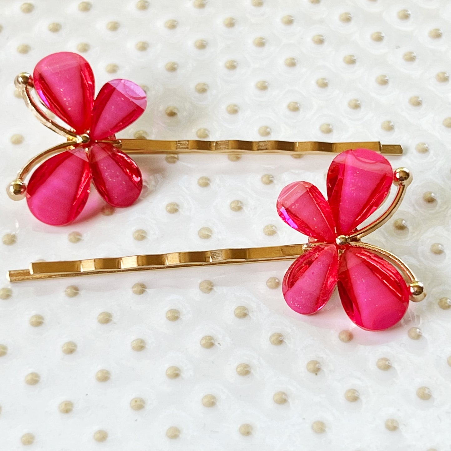 Hot Pink Butterfly Hair Pins – Glitter Resin Hair Clips with Gold Base