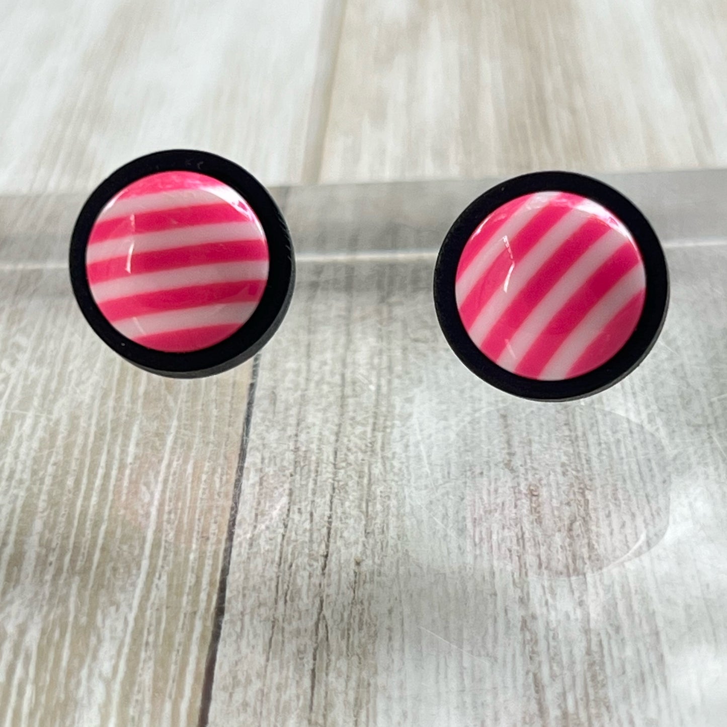 Striped Pink Resin Stud Earrings – Bold Handmade Wood Statement Jewelry