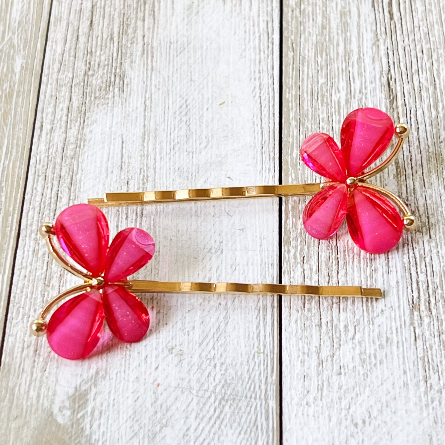 Hot Pink Butterfly Hair Pins – Glitter Resin Hair Clips with Gold Base