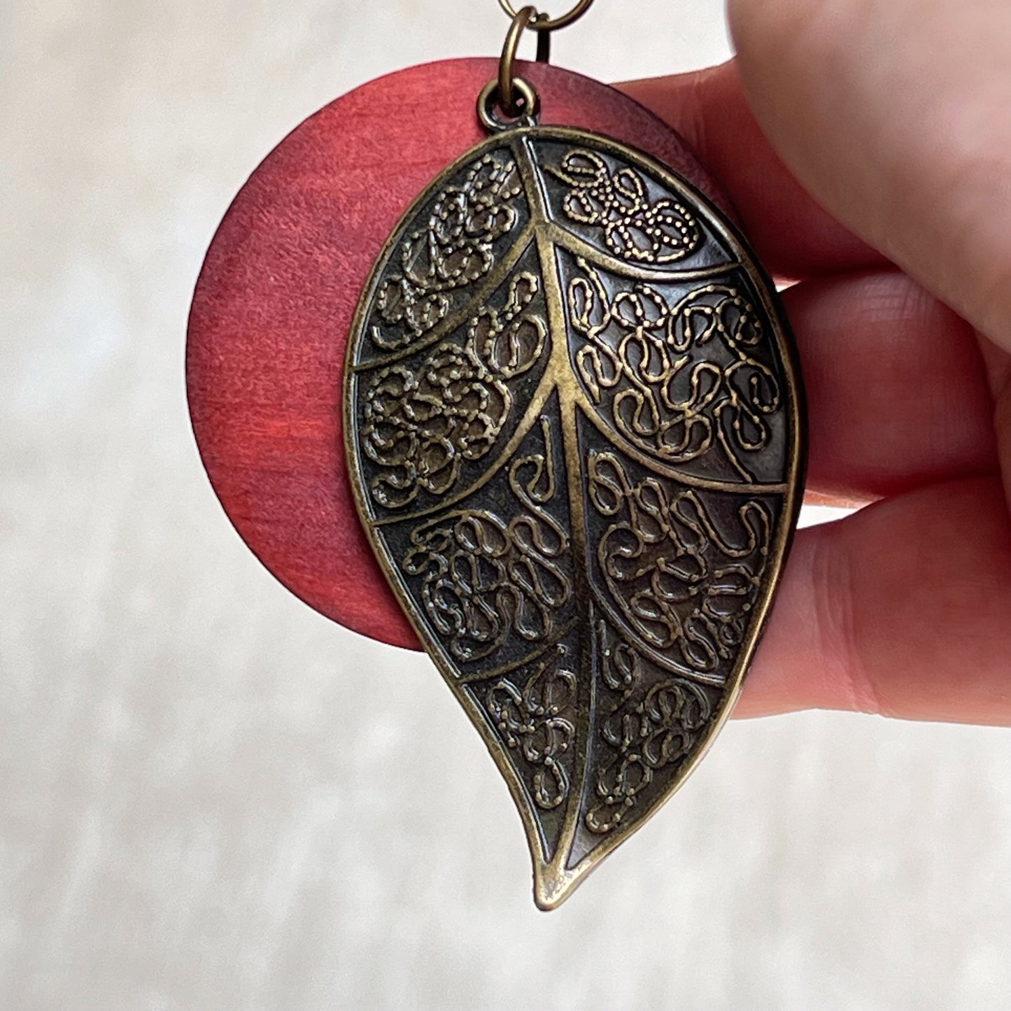 Antiqued Brass Leaf Zipper Pull Keychain & Handbag Charm with Red Wood Accent