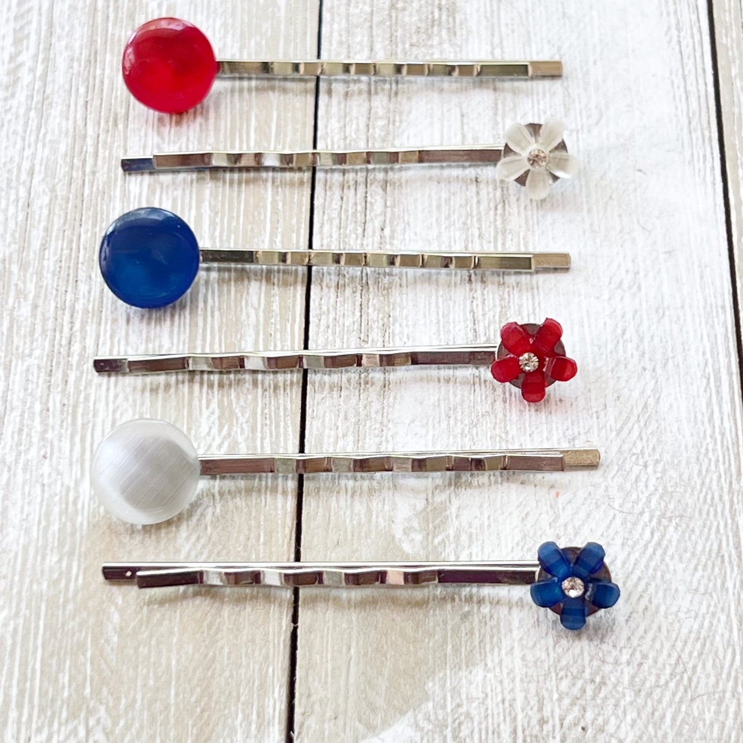 Red White & Blue Flower Hair Pins, Womens Fourth of July Hair Clips, Patriotic 4th of July Hair Accessories