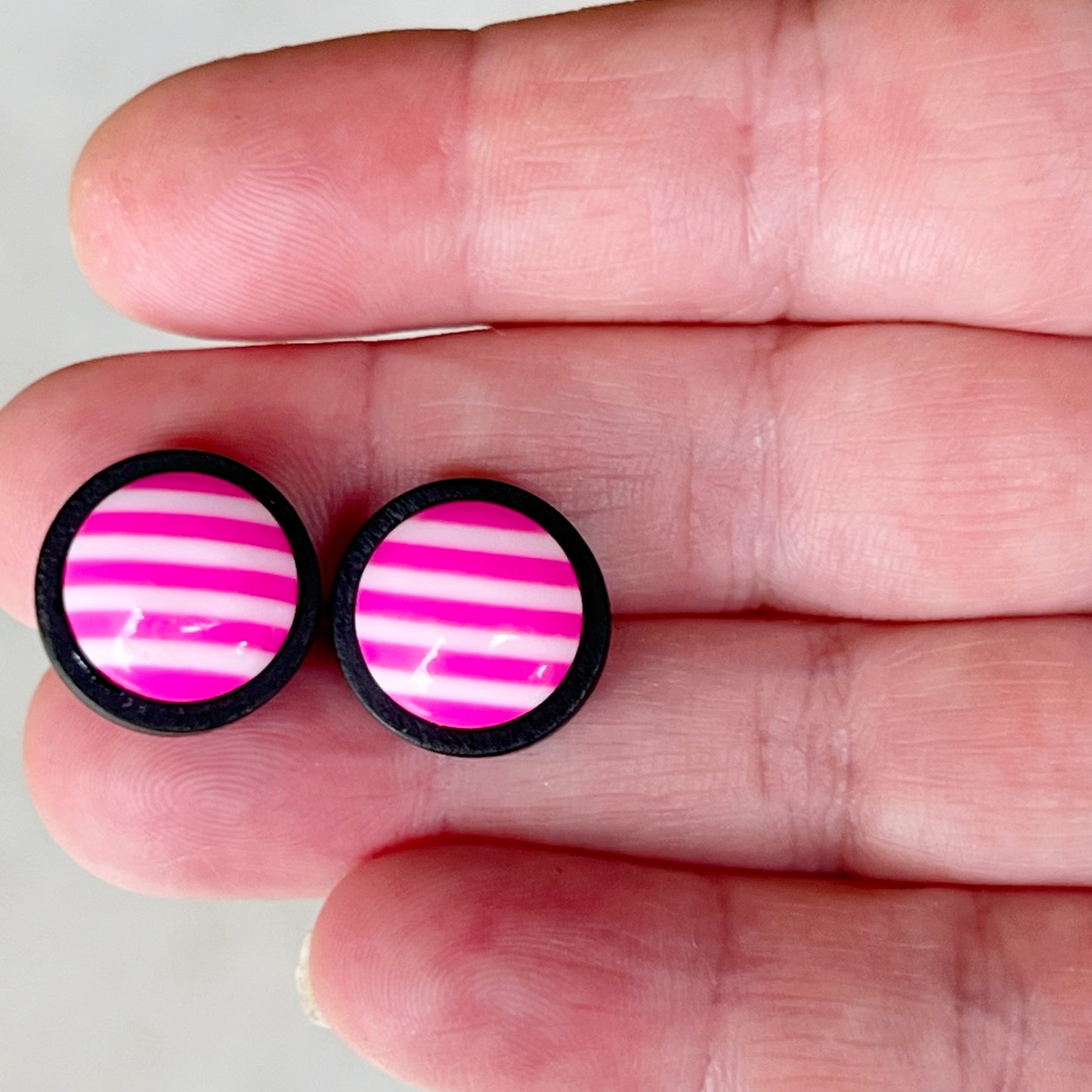Striped Pink Resin Stud Earrings – Bold Handmade Wood Statement Jewelry