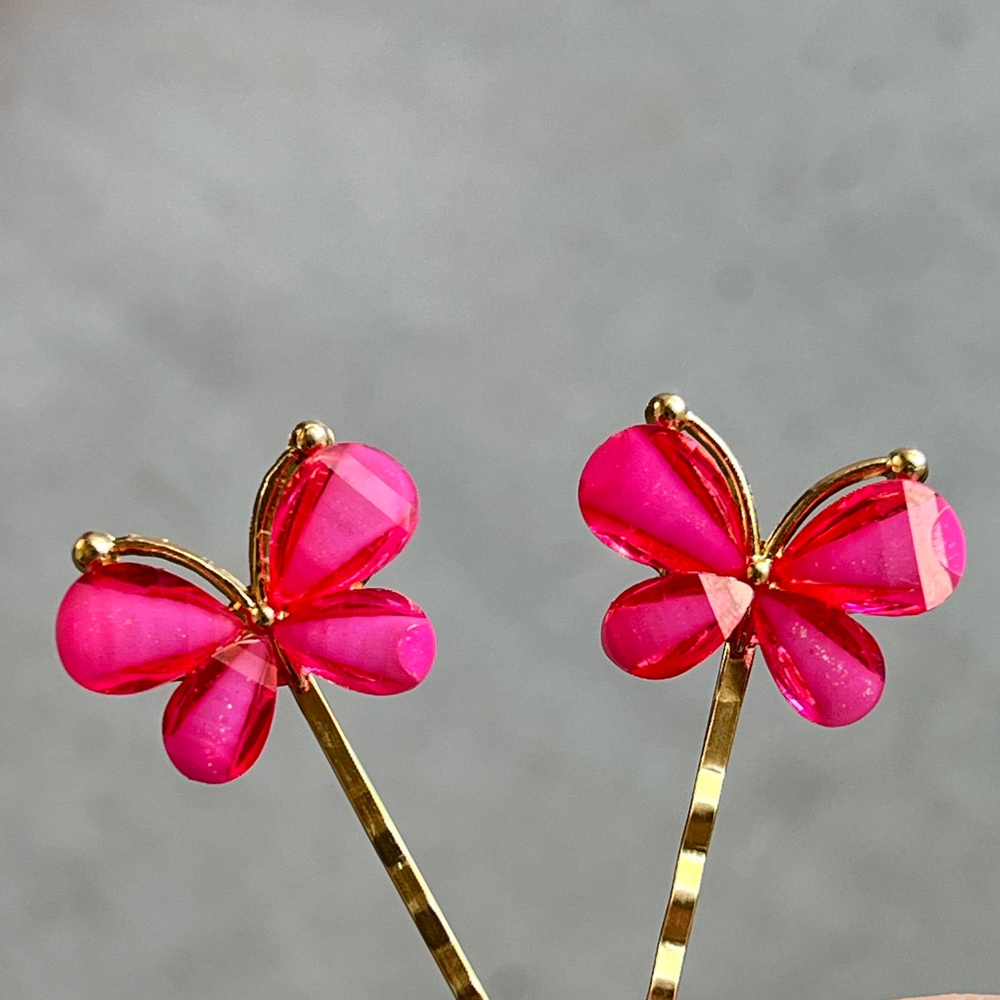 Hot Pink Butterfly Hair Pins – Glitter Resin Hair Clips with Gold Base