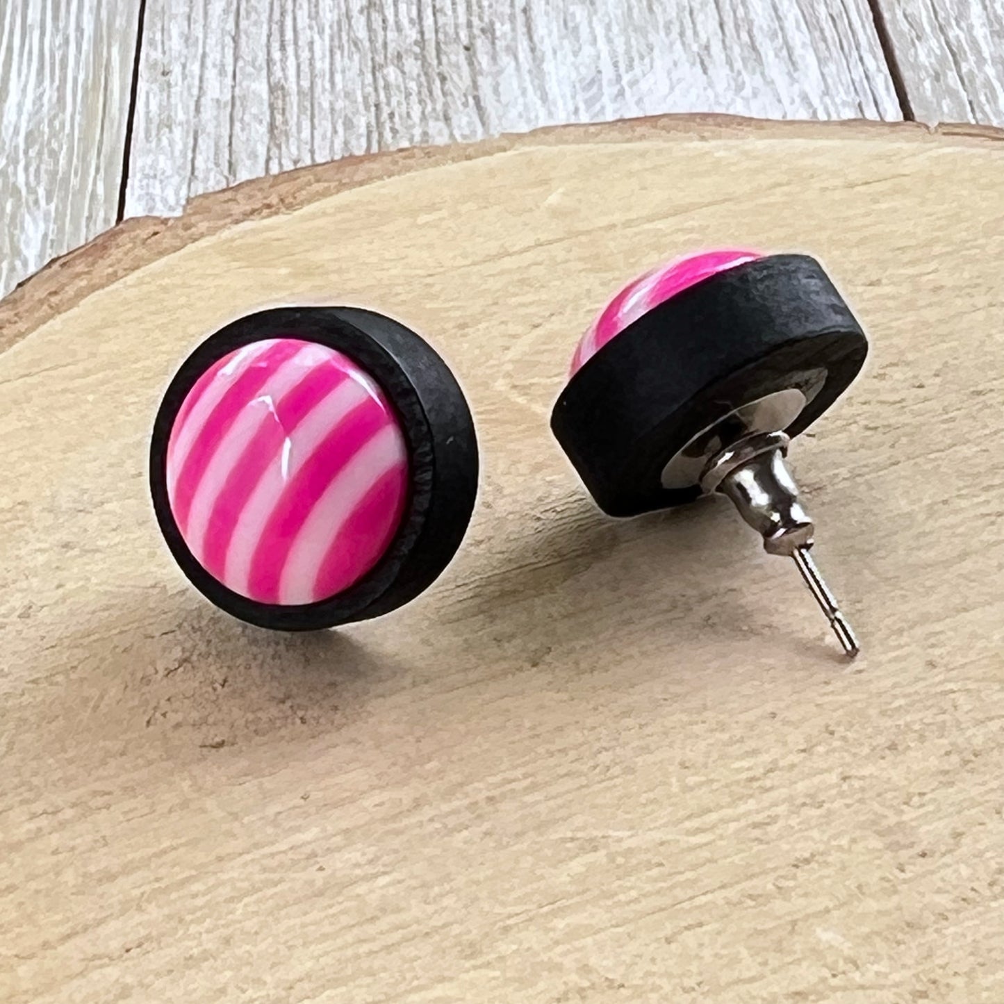 Striped Pink Resin Stud Earrings – Bold Handmade Wood Statement Jewelry