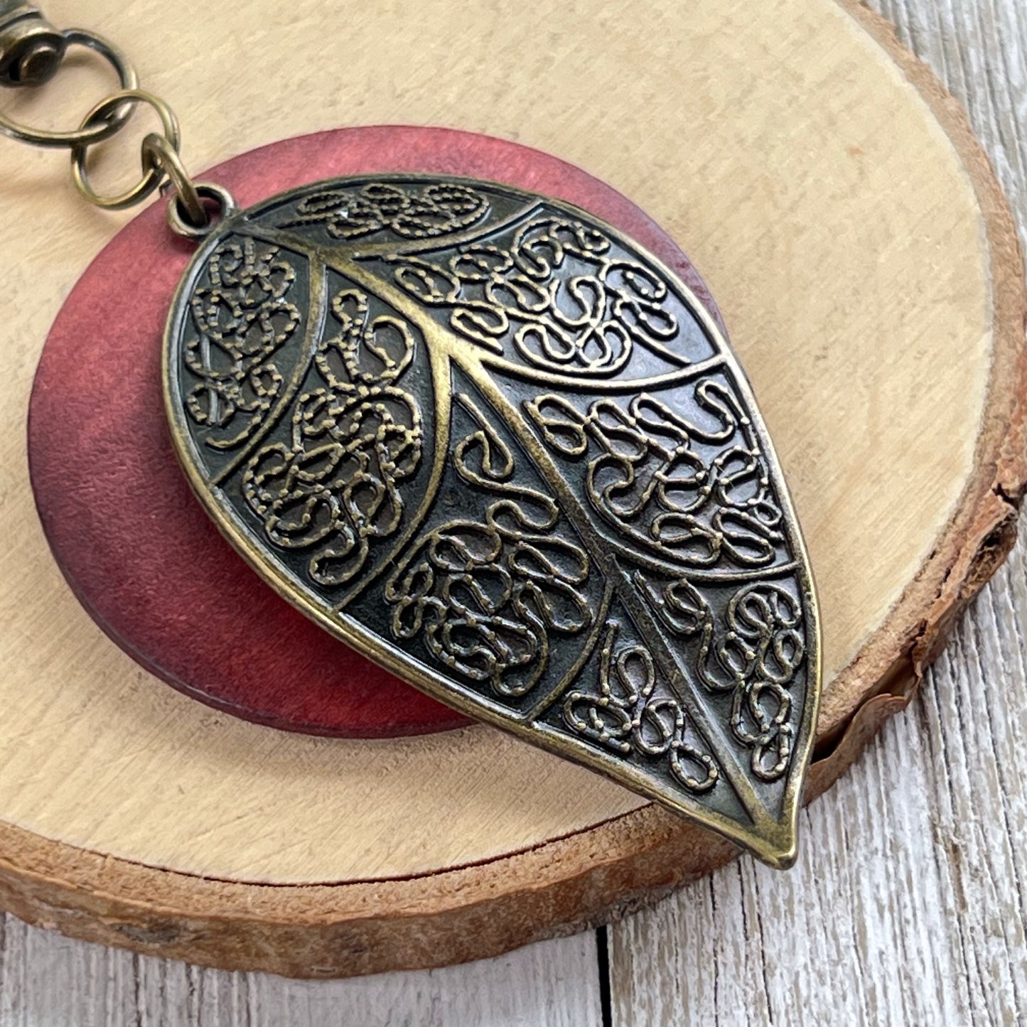 Antiqued Brass Leaf Zipper Pull Keychain & Handbag Charm with Red Wood Accent