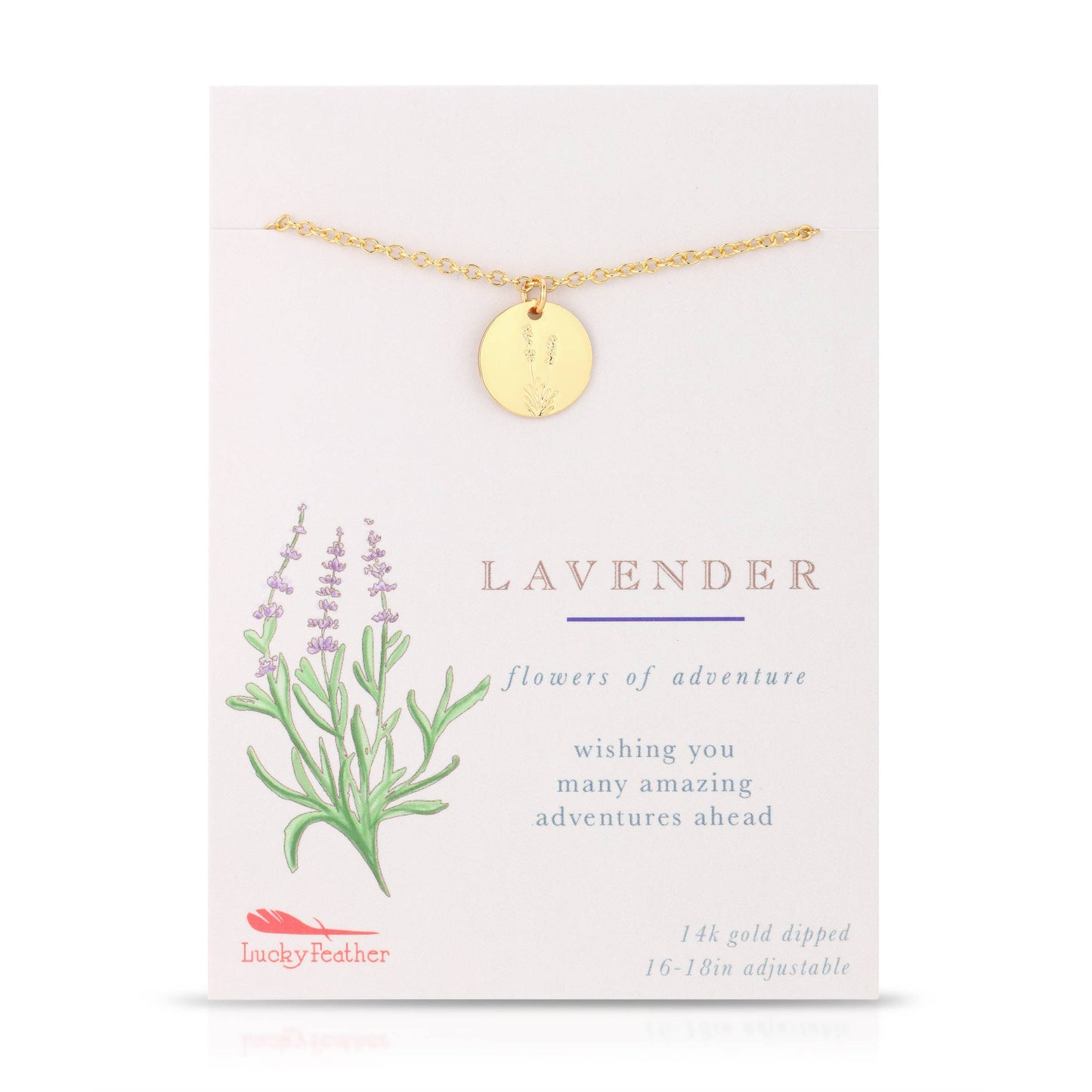 Curated botanical necklace with lavender charm displayed in gift-ready packaging