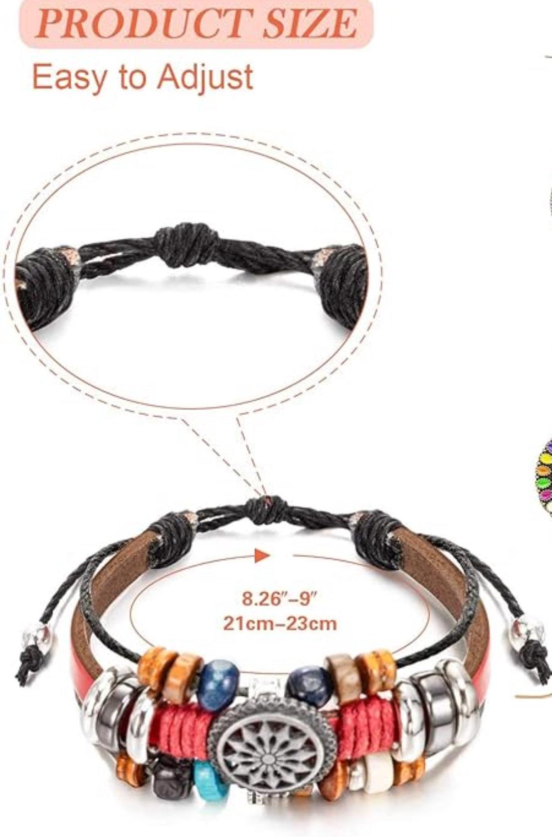 Side view of black boho bracelet with multi-layer leather and bead strands