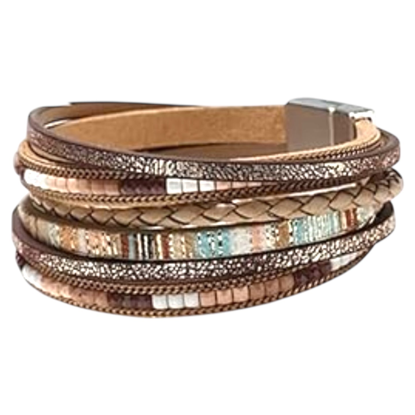 Multicolor boho wrap bracelet styled casually with denim outfit