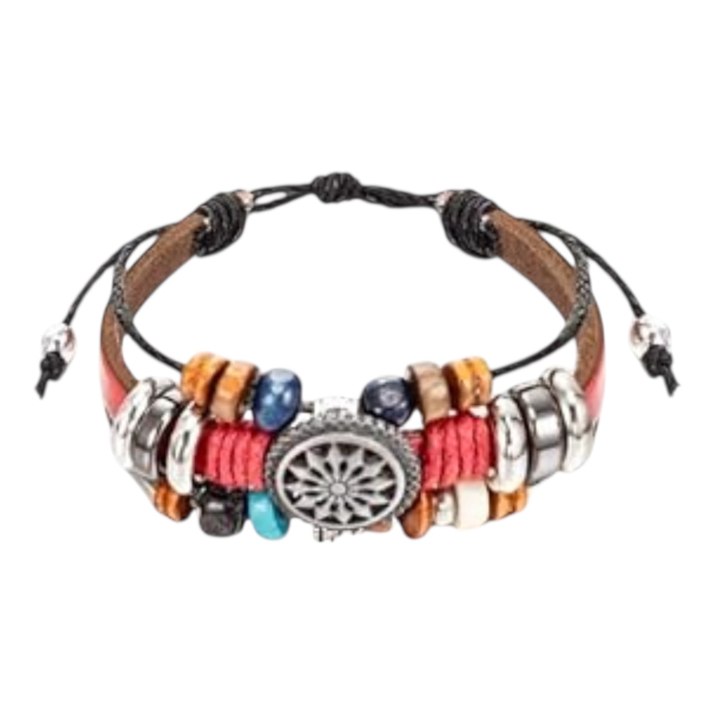 Boho wrap bracelet with red leather and beads displayed outdoors