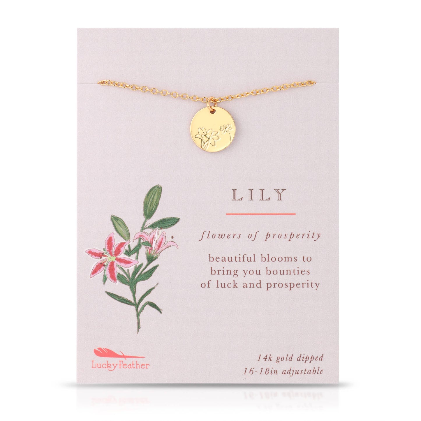 Botanical lily necklace displayed in gift-ready packaging