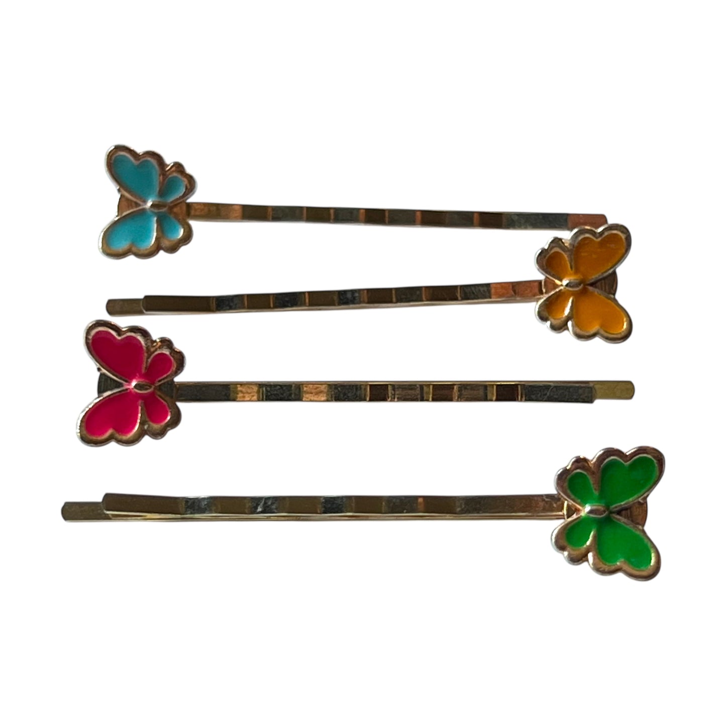 Set of five butterfly-shaped hair pins with colored wings on a white background