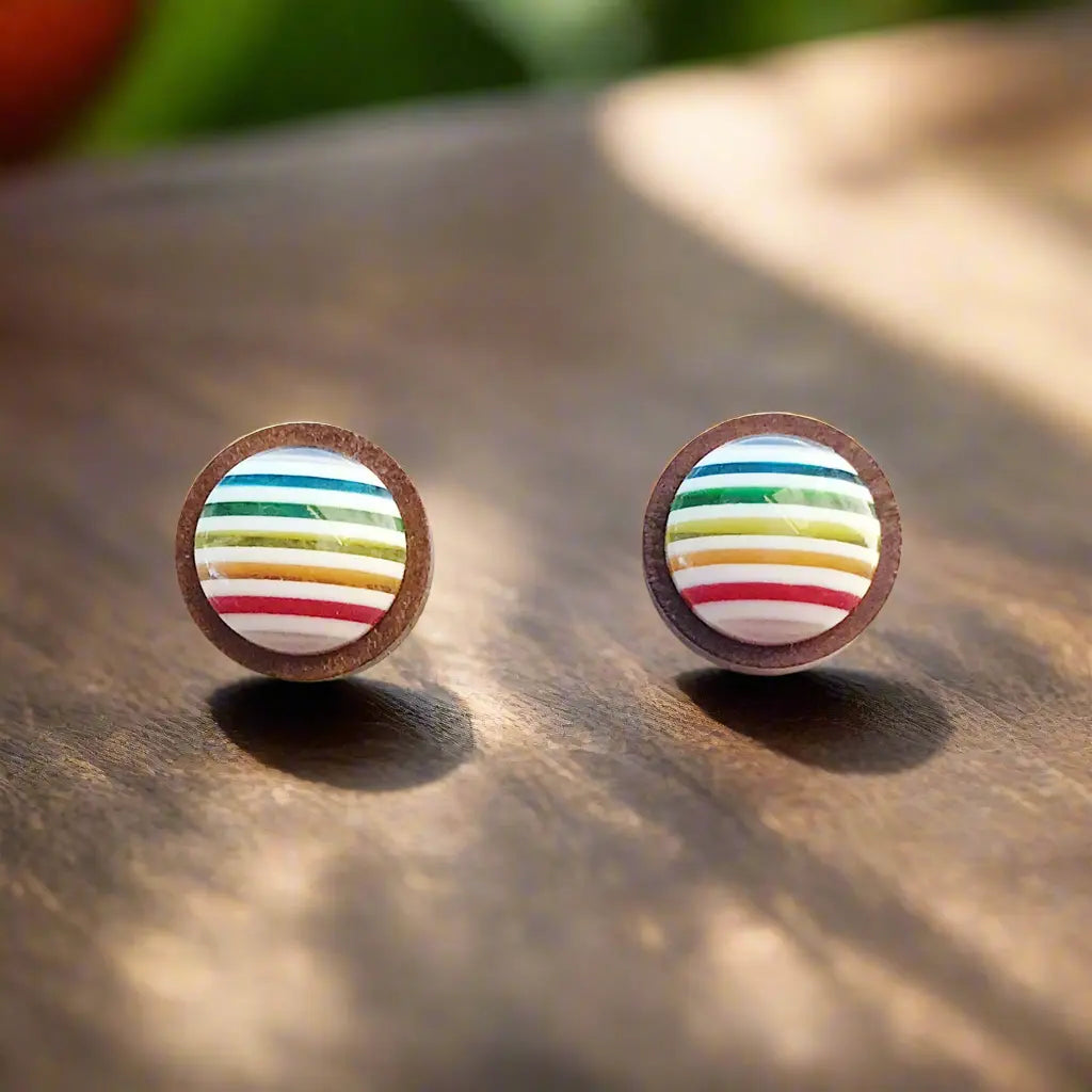Round rainbow striped wood stud earrings displayed on a dark wood surface