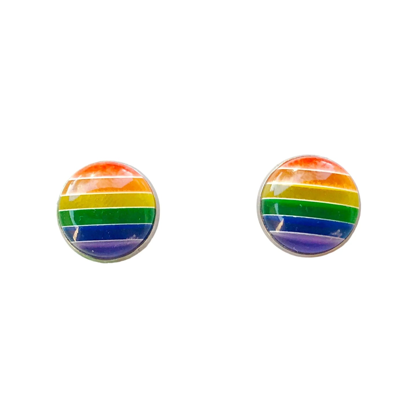 Pair of rainbow striped earrings on a white background