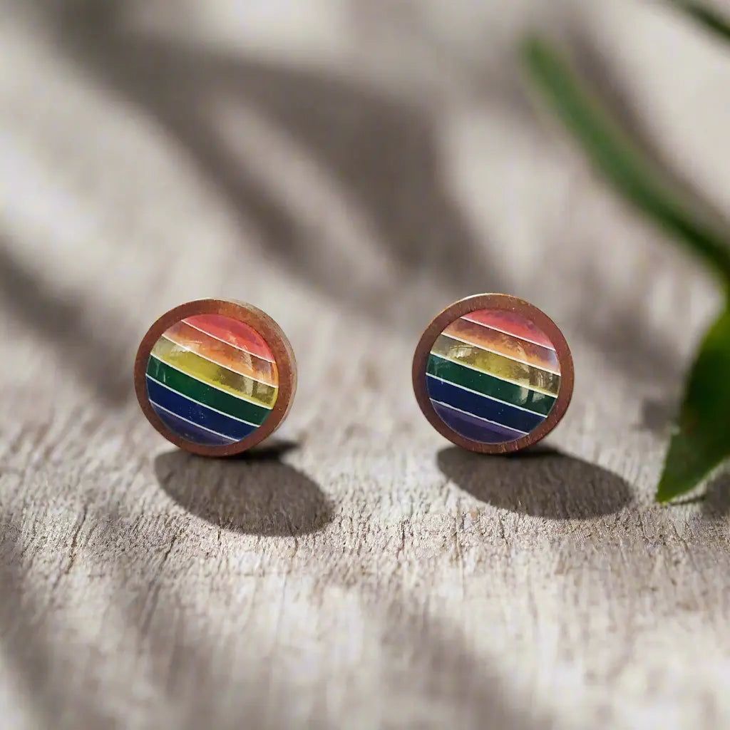 Round retro rainbow striped wood stud earrings displayed on a wood surface